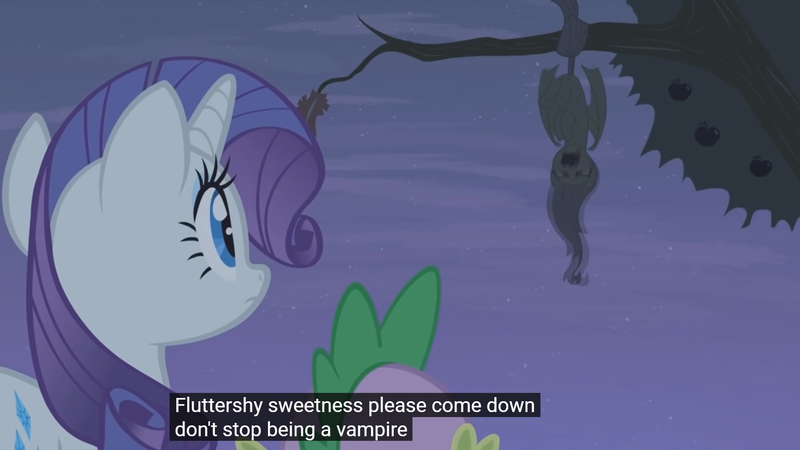 Size: 1920x1080 | Tagged: safe, derpibooru import, edit, edited screencap, screencap, fluttershy, rarity, spike, bat pony, bats!, bat ponified, caption, flutterbat, image, meme, png, race swap, youtube caption