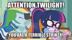 Size: 800x450 | Tagged: safe, derpibooru import, edit, edited screencap, screencap, rainbow dash, sci-twi, twilight sparkle, equestria girls, equestria girls series, the last day of school, image, jpeg, spongebob squarepants, squid on strike