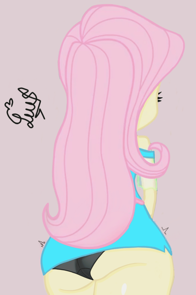 Size: 823x1237 | Tagged: suggestive, artist:flutteryaylove, derpibooru import, fluttershy, bat pony, equestria girls, ass, black underwear, butt, clothes, cute, dress, dress lift, facing away, female, flutterbutt, image, panties, pink background, png, rear view, shyabetes, simple background, solo, solo female, underwear