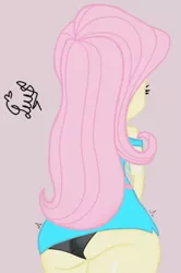 Size: 823x1237 | Tagged: suggestive, artist:flutteryaylove, derpibooru import, fluttershy, bat pony, equestria girls, ass, black underwear, butt, clothes, cute, dress, dress lift, facing away, female, flutterbutt, image, panties, pink background, png, rear view, shyabetes, simple background, solo, solo female, underwear