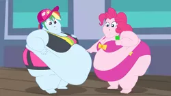 Size: 2560x1440 | Tagged: suggestive, artist:neongothic, derpibooru import, pinkie pie, rainbow dash, equestria girls, bbw, belly, belly button, big belly, bingo wings, breasts, chubby cheeks, cleavage, clothes, double chin, fat, fat boobs, fat fetish, feet, fetish, food, image, morbidly obese, obese, png, popsicle, pudgy pie, rainblob dash, ssbbw, swimsuit, thighs, thunder thighs, weight gain