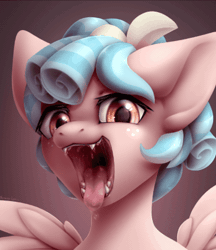 Size: 389x450 | Tagged: suggestive, artist:blooming~lynx, derpibooru import, cozy glow, pegasus, animated, cozypred, drool, drool string, endosoma, esophagus, gif, image, imminent vore, mawshot, open mouth, oral invitation, saliva puddle, salivating, slimy, taste buds, tongue out, uvula, vore