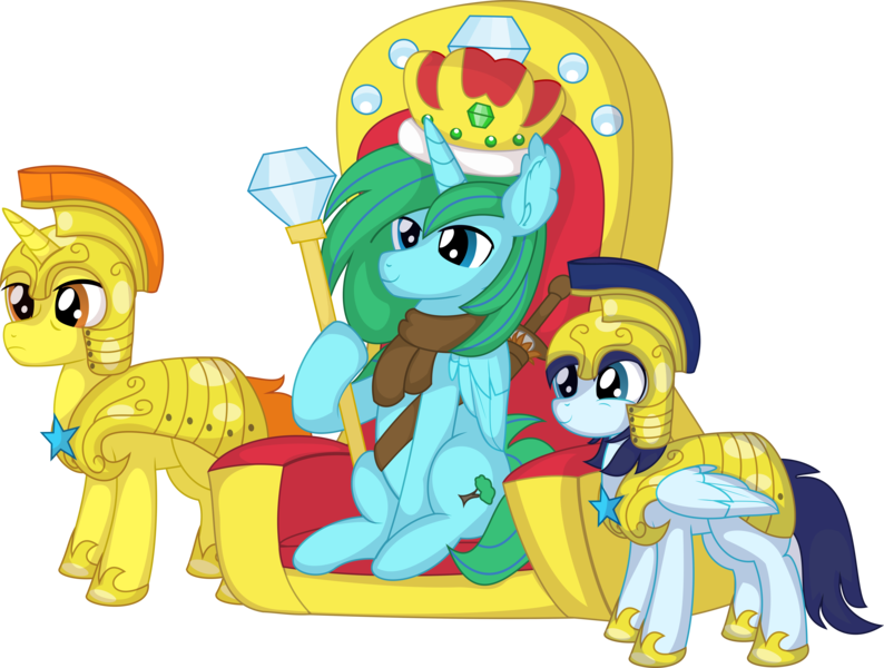 Size: 9015x6810 | Tagged: safe, artist:cyanlightning, derpibooru import, oc, oc:winter leaf, unofficial characters only, alicorn, pegasus, pony, unicorn, .svg available, absurd resolution, clothes, crown, female, guardsmare, image, jewelry, male, mare, png, regalia, royal guard, scepter, simple background, stallion, throne, transparent background, vector