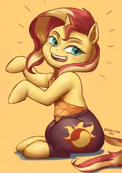 Size: 1240x1754 | Tagged: safe, artist:nire, artist:nirefuster, derpibooru import, sunset shimmer, pony, unicorn, bare shoulders, blushing, clothes, curvy, cutie mark, cutie mark on clothes, female, image, looking at you, mare, pants, png, pose, shirt, smiling, smiling at you, solo