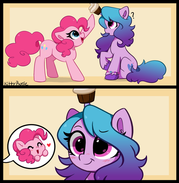 Size: 4560x4670 | Tagged: safe, artist:kittyrosie, derpibooru import, izzy moonbow, pinkie pie, earth pony, pony, unicorn, absurd resolution, blushing, bracelet, cupcake, cute, diapinkes, dreamworks face, duo, duo female, eyebrows, eyebrows visible through hair, eyes closed, female, food, g4, g5, happy, horn, horn impalement, image, izzybetes, jewelry, mare, open mouth, open smile, png, question mark, simple background, sitting, smiling