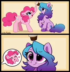 Size: 4560x4670 | Tagged: safe, artist:kittyrosie, derpibooru import, izzy moonbow, pinkie pie, earth pony, pony, unicorn, absurd resolution, blushing, bracelet, cupcake, cute, diapinkes, dreamworks face, duo, duo female, eyebrows, eyebrows visible through hair, eyes closed, female, food, g4, g5, happy, horn, horn impalement, image, izzybetes, jewelry, mare, open mouth, open smile, png, question mark, simple background, sitting, smiling