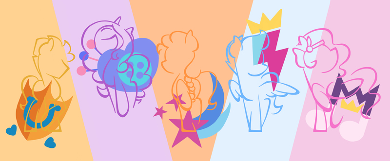 Size: 2856x1182 | Tagged: safe, artist:flutterluv, derpibooru import, hitch trailblazer, izzy moonbow, pipp petals, sunny starscout, zipp storm, earth pony, pegasus, pony, unicorn, cutie mark, g5, image, jpeg, mane five (g5), minimalist, modern art