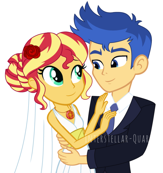 Size: 2326x2471 | Tagged: safe, artist:interstellar-quartz, derpibooru import, flash sentry, sunset shimmer, equestria girls, clothes, dress, female, flashimmer, image, male, png, shipping, simple background, straight, suit, transparent background, wedding dress