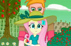 Size: 4096x2668 | Tagged: safe, artist:dashdeviant, derpibooru import, big macintosh, fluttershy, equestria girls, apple, apple tree, female, fluttermac, food, hairclip, hat, image, jpeg, larger male, male, shipping, smaller female, straight, sun hat, tree