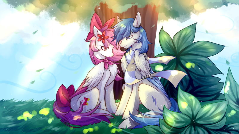 Size: 1920x1080 | Tagged: safe, artist:鸦, derpibooru import, oc, oc:bubble cloud, oc:zephyrpony, pony, couple, image, png, tree, under the tree