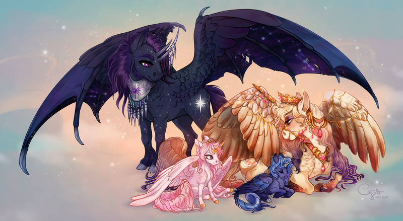 Size: 5905x3240 | Tagged: safe, alternate version, artist:cigarscigarettes, derpibooru import, princess celestia, princess luna, oc, oc:king cosmos, oc:queen galaxia, alicorn, alicorn oc, horn, image, jpeg, wings