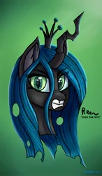 Size: 2388x4096 | Tagged: safe, artist:ingolf arts, derpibooru import, queen chrysalis, changeling, changeling queen, angry, bust, crown, cute, evil, fangs, female, growling, high res, image, jewelry, jpeg, looking at you, portrait, regalia, signature, simple background, slit pupils, solo