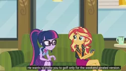 Size: 1920x1080 | Tagged: safe, derpibooru import, edit, edited screencap, screencap, equestria girls, equestria girls series, text support, caption, golf, image, implied timber spruce, meme, offscreen character, piracy, png, sports, text support: sunset shimmer, translation, youtube caption