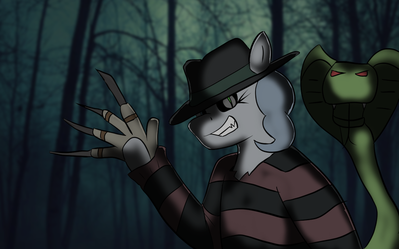 Size: 1440x900 | Tagged: safe, artist:tranzmuteproductions, derpibooru import, pinkie pie, anthro, cobra, earth pony, snake, a nightmare on elm street, bust, clothes, cosplay, costume, crossover, duo, freddy krueger, grin, image, metal claws, outdoors, png, smiling