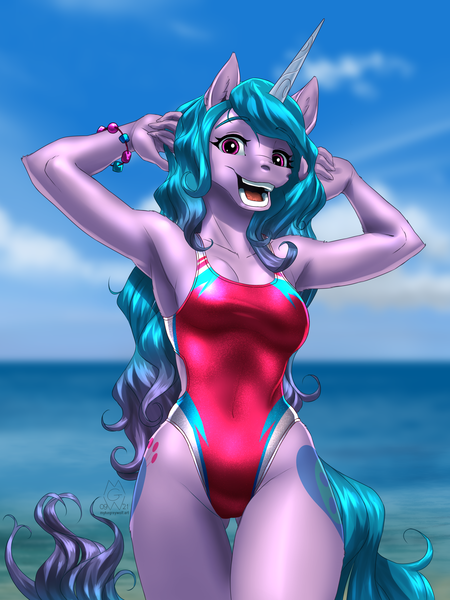 Size: 4500x6000 | Tagged: safe, artist:mykegreywolf, derpibooru import, izzy moonbow, anthro, unicorn, belly button, both cutie marks, bracelet, clothes, cloud, g5, image, jewelry, ocean, open mouth, png, sky, sport swimsuit, swimsuit