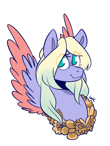 Size: 434x578 | Tagged: safe, artist:waackery, derpibooru import, oc, unofficial characters only, pegasus, pony, bust, colored wings, eye clipping through hair, eyelashes, female, floral head wreath, flower, image, mare, pegasus oc, png, signature, simple background, smiling, solo, transparent background, two toned wings, wings