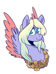 Size: 434x578 | Tagged: safe, artist:waackery, derpibooru import, oc, unofficial characters only, pegasus, pony, bust, colored wings, eye clipping through hair, eyelashes, female, floral head wreath, flower, image, mare, pegasus oc, png, signature, simple background, smiling, solo, transparent background, two toned wings, wings