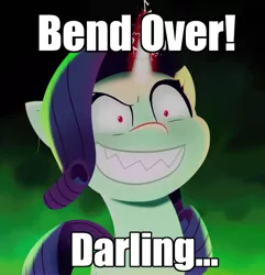 Size: 775x804 | Tagged: safe, derpibooru import, edit, edited screencap, screencap, rarity, my little pony: a new generation, spoiler:my little pony: a new generation, bend over, creepy, cropped, dark magic, evil grin, g5, grin, image, jpeg, magic, red eyes, smiling