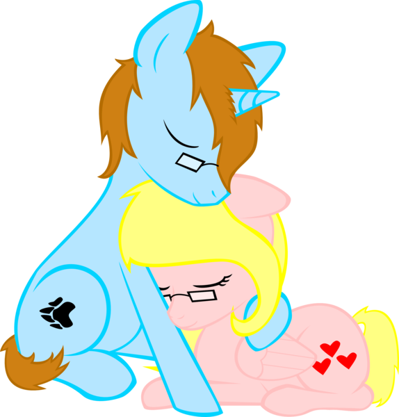 Size: 2248x2351 | Tagged: safe, artist:zombietator, derpibooru import, oc, oc:claire, pegasus, pony, unicorn, duo, female, glasses, horn, hug, image, male, mare, paw prints, pegasus oc, png, simple background, smiling, stallion, transparent background, unicorn oc, wings