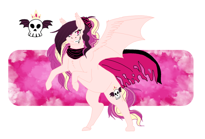 Size: 1788x1213 | Tagged: safe, artist:dr4m4-qu33n, derpibooru import, oc, unofficial characters only, bat pony, pony, bat pony oc, bat wings, female, image, magical lesbian spawn, mare, offspring, parent:fluttershy, parent:princess cadance, png, rearing, simple background, skull, smiling, smirk, solo, transparent background, wings