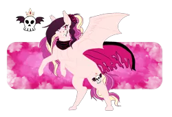 Size: 1788x1213 | Tagged: safe, artist:dr4m4-qu33n, derpibooru import, oc, unofficial characters only, bat pony, pony, bat pony oc, bat wings, female, image, magical lesbian spawn, mare, offspring, parent:fluttershy, parent:princess cadance, png, rearing, simple background, skull, smiling, smirk, solo, transparent background, wings