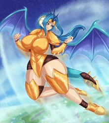 Size: 1591x1800 | Tagged: safe, artist:fenrox, derpibooru import, princess ember, human, armor, big breasts, breasts, busty princess ember, commission, dragon armor, flying, horn, horned humanization, horns, huge breasts, humanized, image, jpeg, solo, winged humanization, wings