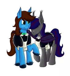 Size: 2176x2380 | Tagged: safe, artist:daudaen, derpibooru import, oc, oc:daudaen, oc:firestarter, unofficial characters only, bat pony, earth pony, clothes, female, image, maid, male, png, simple background, snuggling, unshorn fetlocks