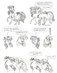 Size: 1100x1416 | Tagged: safe, artist:baron engel, derpibooru import, apple bloom, sweetie belle, earth pony, pony, unicorn, female, filly, image, jpeg, monochrome, pencil drawing, story included, traditional art