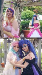 Size: 1288x2289 | Tagged: safe, artist:maddymoiselle, artist:mieucosplay, artist:sarahndipity cosplay, artist:shelbeanie, derpibooru import, princess cadance, princess celestia, princess luna, twilight sparkle, twilight sparkle (alicorn), alicorn, babscon 2018, babscon 2019, clothes, coronation dress, cosplay, costume, dress, image, jpeg