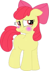 Size: 439x635 | Tagged: safe, artist:angrymetal, derpibooru import, apple bloom, earth pony, pony, apple bloom's bow, blushing, bow, female, filly, floppy ears, hair bow, image, png, red eyes, red mane, simple background, smiling, solo, standing, transparent background