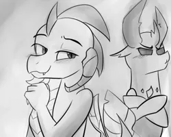 Size: 1280x1024 | Tagged: safe, artist:zouyugi, derpibooru import, princess ember, thorax, changedling, changeling, dragon, blushing, crossed hooves, dragoness, embrax, female, grayscale, grin, image, king thorax, male, monochrome, png, shipping, smiling, smug, straight, tsundere