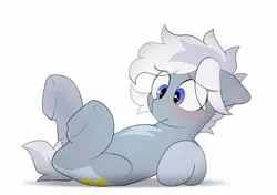 Size: 2064x1457 | Tagged: safe, artist:mochi_nation, derpibooru import, oc, oc:silver bolt, unofficial characters only, earth pony, pony, blue eyes, blushing, confused, earth pony oc, eye clipping through hair, female, floppy ears, image, jpeg, lying down, mare, on back, shadow, simple background, solo, tail, two toned mane, two toned tail, underhoof, white background