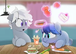 Size: 2064x1457 | Tagged: safe, artist:mochi_nation, derpibooru import, oc, oc:galaxy, oc:silver bolt, unofficial characters only, earth pony, pony, unicorn, apple, burger, cake, carrot, cute, duo, eating, eye clipping through hair, female, food, french fries, hay burger, image, jpeg, levitation, magic, mare, telekinesis