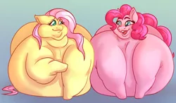 Size: 1280x748 | Tagged: suggestive, artist:butterball451, derpibooru import, fluttershy, pinkie pie, earth pony, pegasus, pony, belly, big belly, double chin, duo, duo female, fat, fattershy, female, huge belly, image, jpeg, looking at each other, mare, morbidly obese, obese, open mouth, piggy pie, pudgy pie, raised hoof, smiling