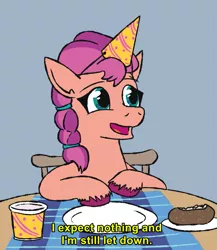 Size: 683x788 | Tagged: safe, artist:jargon scott, derpibooru import, sunny starscout, earth pony, pony, baked potato, female, food, g5, hat, image, malcolm in the middle, mare, meme, party hat, png, potato, solo, subtitles, text
