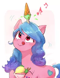 Size: 1102x1412 | Tagged: safe, artist:nendo, derpibooru import, izzy moonbow, pony, unicorn, blushing, female, food, g5, horn, horn impalement, ice cream, ice cream cone, image, izzy impaling things, licking, licking lips, looking up, mare, music notes, png, red eyes, simple background, solo, tongue out, white background