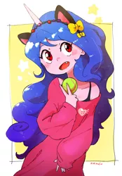 Size: 1084x1560 | Tagged: safe, artist:nendo, derpibooru import, izzy moonbow, human, equestria girls, ball, blushing, cat ears, clothes, cute, equestria girls-ified, fangs, g5, g5 to equestria girls, horn, horned humanization, humanized, image, izzybetes, looking at you, loose fitting clothes, off shoulder, open mouth, peace sign, png, snaggletooth, tennis ball