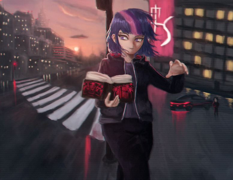 Size: 2078x1605 | Tagged: safe, artist:menalia, derpibooru import, twilight sparkle, human, aesthetics, after rain, book, car, city, clothes, cloud, female, holding, humanized, image, jacket, neon, pants, png, shirt, sun, t-shirt, walking, window