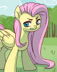 Size: 1500x1893 | Tagged: safe, artist:renka2802, derpibooru import, fluttershy, pegasus, pony, digital art, female, folded wings, grass, image, jpeg, long mane, mare, my little pony, pink mane, pixel art, shadow, solo, standing, teal eyes, tree, wings