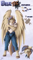 Size: 986x1750 | Tagged: safe, artist:jamescorck, derpibooru import, oc, oc:bluetec, anthro, pegasus, clothes, image, male, png, shirt, solo, wrench