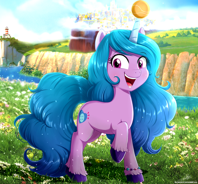 Size: 3742x3484 | Tagged: safe, artist:the-butch-x, derpibooru import, izzy moonbow, pony, unicorn, my little pony: a new generation, spoiler:g5, spoiler:my little pony: a new generation, ball, bracelet, cute, eyebrows, eyebrows visible through hair, female, flower, g5, grass, high res, horn, horn guard, hornball, image, izzy's tennis ball, izzybetes, jewelry, mare, maretime bay, open mouth, open smile, png, raised hoof, shadow, smiling, solo, standing, tennis ball, unshorn fetlocks, zephyr heights