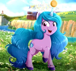 Size: 3742x3484 | Tagged: safe, artist:the-butch-x, derpibooru import, izzy moonbow, pony, unicorn, my little pony: a new generation, spoiler:g5, spoiler:my little pony: a new generation, ball, bracelet, cute, eyebrows, eyebrows visible through hair, female, flower, g5, grass, high res, horn, horn guard, hornball, image, izzy's tennis ball, izzybetes, jewelry, mare, maretime bay, open mouth, open smile, png, raised hoof, shadow, smiling, solo, standing, tennis ball, unshorn fetlocks, zephyr heights