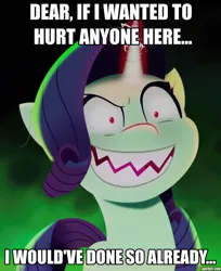 Size: 664x813 | Tagged: safe, derpibooru import, rarity, pony, unicorn, my little pony: a new generation, spoiler:my little pony: a new generation, alastor, caption, evil rarity, female, g5, glow, glowing horn, hazbin hotel, horn, image, image macro, mare, png, possessed, red pupils, sharp teeth, teeth, text