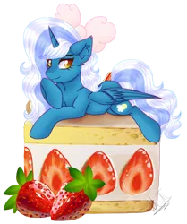 Size: 2106x2524 | Tagged: safe, artist:greenmarta, derpibooru import, oc, oc:fleurbelle, unofficial characters only, alicorn, pony, alicorn oc, bow, cake, ear fluff, female, folded wings, food, hair bow, high res, horn, image, lying down, mare, png, prone, signature, simple background, smiling, strawberry, transparent background, wings