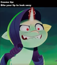 Size: 688x791 | Tagged: safe, derpibooru import, edit, edited screencap, screencap, rarity, my little pony: a new generation, spoiler:g5, spoiler:my little pony: a new generation, cropped, evil rarity, g5, image, jpeg, lip bite, red pupils, sharp teeth, teeth