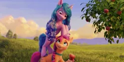 Size: 889x444 | Tagged: safe, derpibooru import, screencap, izzy moonbow, sunny starscout, my little pony: a new generation, spoiler:g5, spoiler:my little pony: a new generation, apple, ending, food, g5, image, jpeg