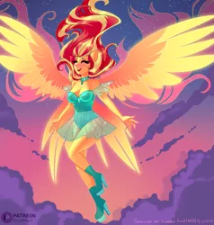 Size: 1904x2000 | Tagged: safe, artist:xjenn9, derpibooru import, sunset shimmer, series:my past is not today, equestria girls, my past is not today, boots, choker, clothes, eyes closed, flying, high heels, image, leotard, png, see-through, shoes, skirt, smiling, solo, spread wings, wings