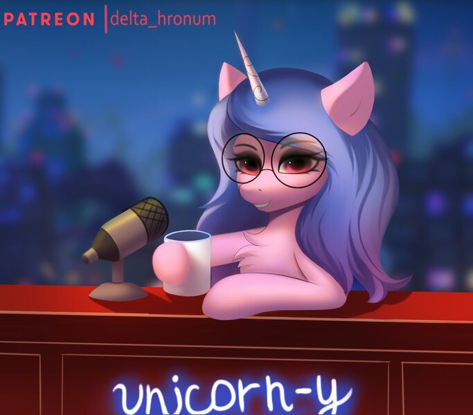 Size: 1458x1280 | Tagged: safe, artist:delta hronum, derpibooru import, izzy moonbow, pony, unicorn, my little pony: a new generation, spoiler:g5, spoiler:my little pony: a new generation, chest fluff, cute, female, fit right in (g5), g5, glasses, image, izzybetes, jpeg, mare, mug, solo, talk show, unicorn-y talks with izzy