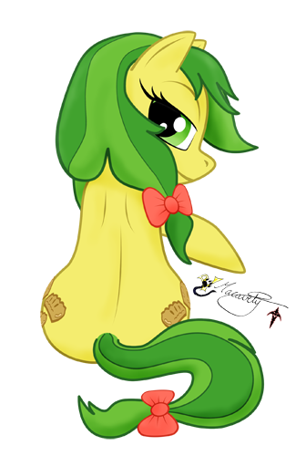 Size: 325x500 | Tagged: safe, artist:smilodonkahn, derpibooru import, apple fritter, earth pony, pony, apple family member, both cutie marks, bow, female, green eyes, hair bow, image, looking back, mare, png, rear view, signature, simple background, sitting, solo, tail, tail bow, transparent background, two toned mane, two toned tail