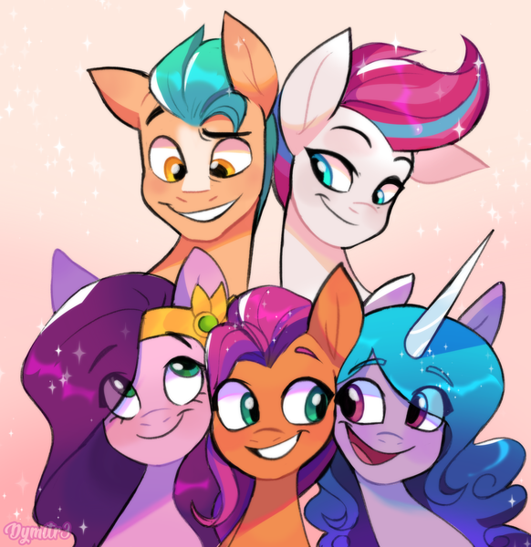 Size: 2430x2504 | Tagged: safe, artist:dymitre, derpibooru import, hitch trailblazer, izzy moonbow, pipp petals, sunny starscout, zipp storm, earth pony, pegasus, unicorn, female, g5, image, male, mane five (g5), png